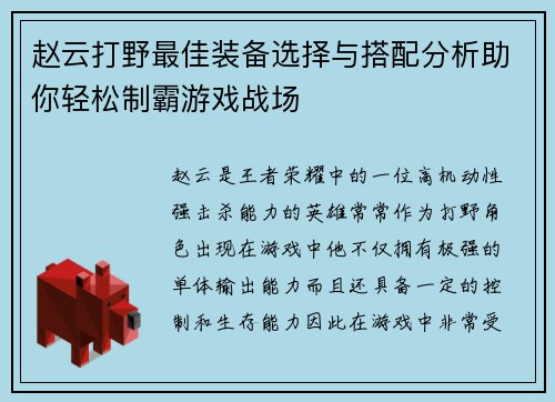 赵云打野最佳装备选择与搭配分析助你轻松制霸游戏战场